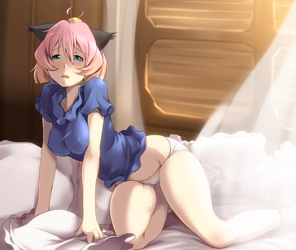 00s 1girl aged_up animal_ears bad_id bad_pixiv_id bent_over blonde_hair blue_eyes blush breasts female_focus gradient_hair green_eyes honihoni honis kneeling large_breasts multicolored_hair open_mouth panties pink_hair potemayo potemayo_(character) shirt short_hair sitting solo taut_clothes taut_shirt underwear