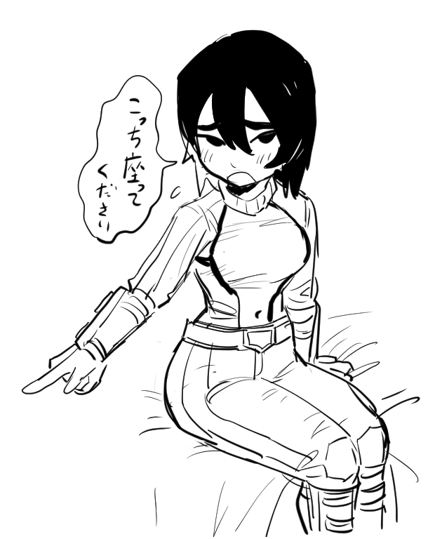 1girl black_hair boots breasts covered_navel dancho_no_mori flying_sweatdrops full_body furrowed_brow genderswap genderswap_(mtf) greyscale knee_boots long_sleeves looking_at_viewer mii_brawler mii_brawler_(smash_ultimate) monochrome nintendo pointing short_hair sitting sketch solo speech_bubble super_smash_bros. translation_request