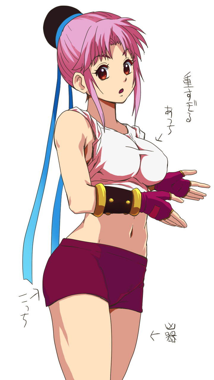 1girl awa breasts brown_eyes dragon_quest dragon_quest_dai_no_daibouken fingerless_gloves gloves hair_bun highres japanese_text looking_at_viewer maam midriff navel open_mouth parted_lips pink_hair purple_gloves purple_shorts red_eyes rolled_sleeves short_hair short_shorts shorts simple_background single_hair_bun solo white_background