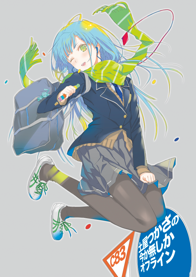1girl bag black_pantyhose blue_hair blush buttons cardigan earbuds earphones female_focus full_body fuyuno_haruaki green_eyes grey_background grey_skirt knees_together_feet_apart long_hair long_sleeves necktie one_eye_closed open_mouth original outline pantyhose rabbit scarf shoes sign simple_background skirt smile sneakers solo
