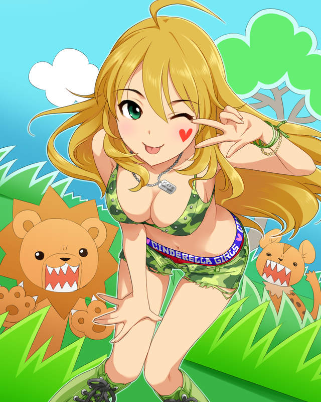 1girl blonde_hair breasts cleavage green_eyes hoshii_miki idolmaster idolmaster_cinderella_girls lion medium_breasts official_art