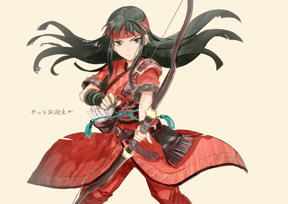 1girl archery arrow_(projectile) bow_(weapon) brown_sash fingerless_gloves fire_emblem fire_emblem:_the_binding_blade gloves green_eyes green_hair headband holding holding_bow_(weapon) holding_weapon long_hair nintendo quiver red_headband shoochiku_bai solo sue_(fire_emblem) weapon