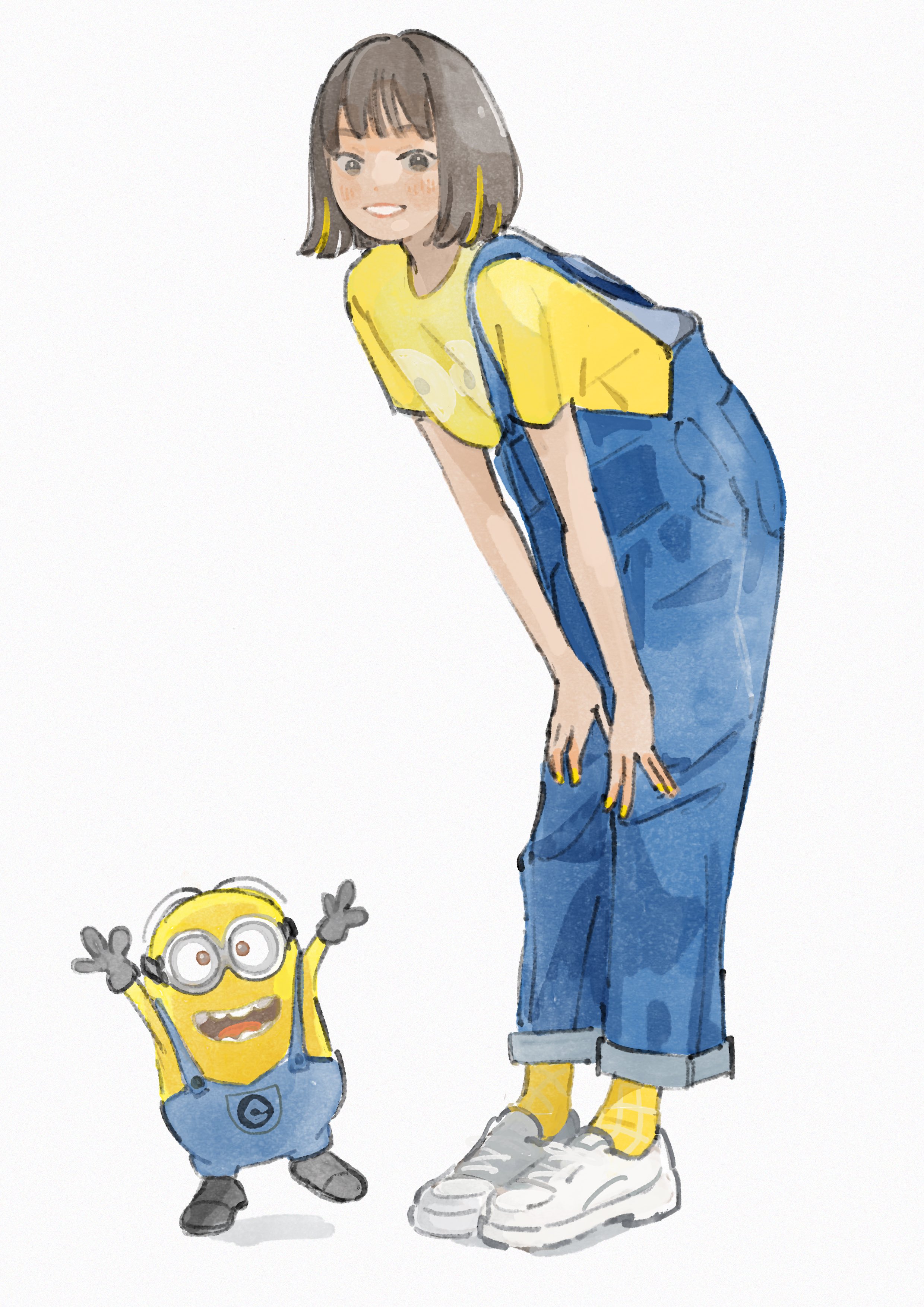 1girl absurdres bent_back bent_over blue_overalls bob_cut brown_eyes brown_hair despicable_me full_body highres minion_(despicable_me) overalls shirt solo watamoke white_background yellow_shirt