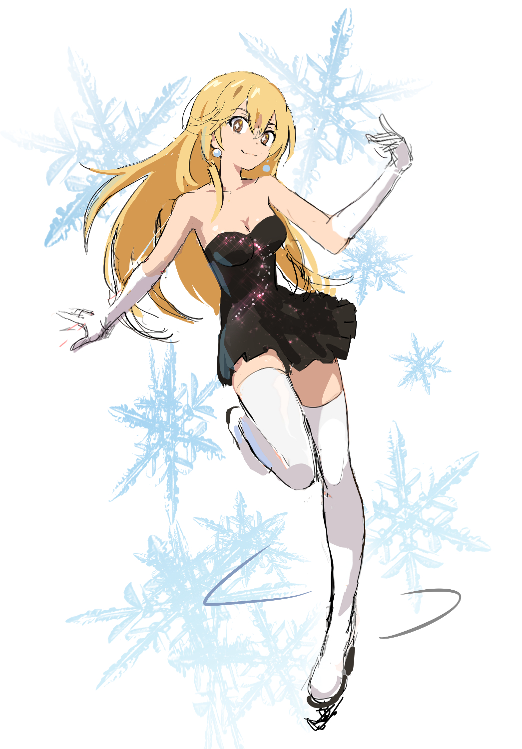 1girl alternate_costume bare_shoulders black_dress blonde_hair breasts cleavage closed_mouth dress earrings elbow_gloves figure_skating_dress full_body gloves hair_between_eyes highres ice_skates ice_skating jewelry long_hair looking_at_viewer medium_breasts okken shokuhou_misaki skates skating sleeveless sleeveless_dress smile snowflakes solo sparkling_eyes strapless strapless_dress thighhighs toaru_kagaku_no_railgun toaru_majutsu_no_index white_background white_gloves white_thighhighs yellow_eyes