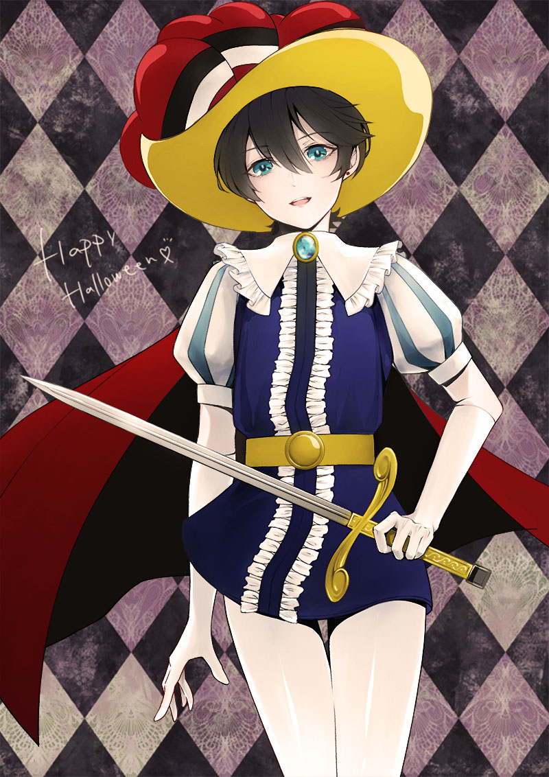 10s 1boy azi azi_(ususio6) belt black_hair blue_eyes cape cosplay cowboy_shot earrings elbow_gloves gloves happy_halloween hat horikawa_kunihiro jewelry male_focus open_mouth pantyhose personification princess_sapphire princess_sapphire_(cosplay) puff_and_slash_sleeves puffy_sleeves ribbon_no_kishi smile solo stud_earrings sword touken_ranbu weapon white_gloves white_pantyhose