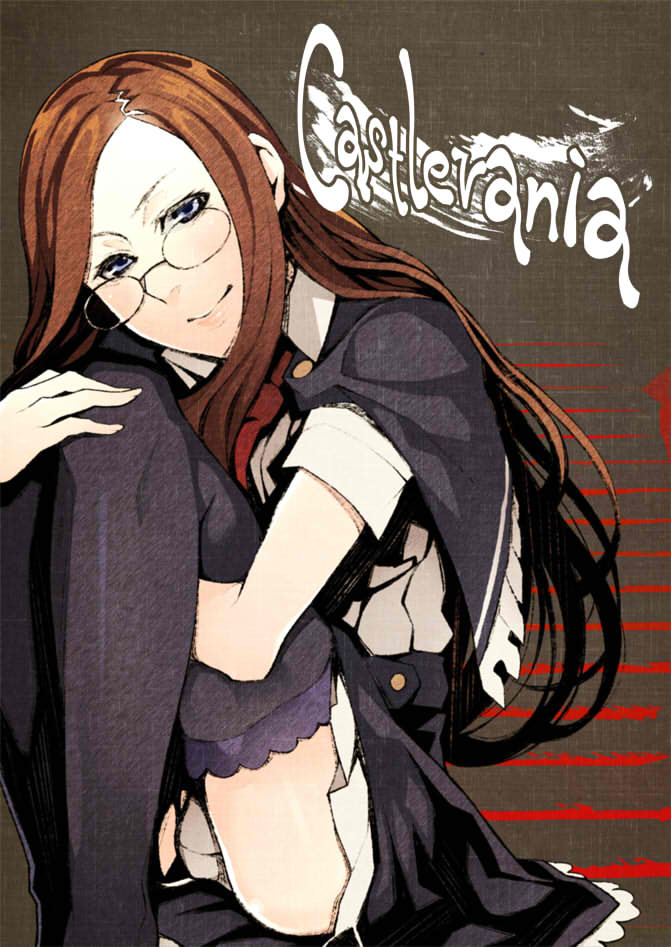 1girl blue_capelet blue_eyes blue_thighhighs brown_hair capelet castlevania:_portrait_of_ruin castlevania_(series) charlotte_aulin copyright_name glass glasses long_hair looking_at_viewer panties poifull00 sitting skirt smile thighhighs underwear white_panties