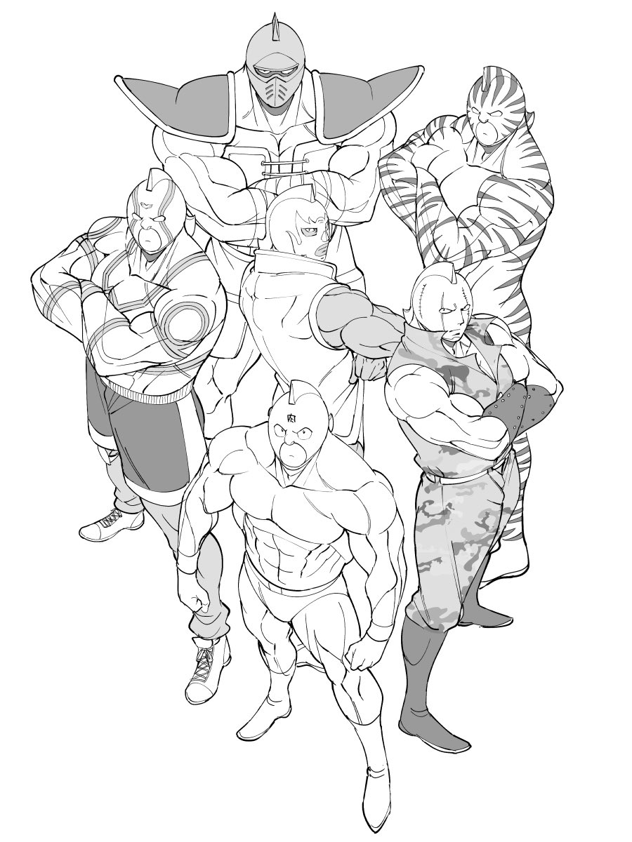 6+boys armlet armor biceps blank_eyes crossed_arms full_body grin helmet highres jewelry kazeya_kazuya kinniku_suguru kinnikuman kinnikuman_(character) kinnikuman_big_body kinnikuman_mariposa kinnikuman_soldier kinnikuman_super_phoenix kinnikuman_zebra large_pectorals looking_at_viewer looking_to_the_side manly mask military military_uniform monochrome multiple_boys muscular pectorals serious simple_background smile wrestling wrestling_mask wrestling_outfit