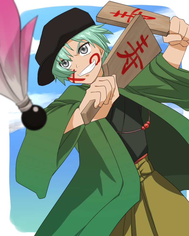 1boy green_hair grey_eyes grin hat japanese_clothes open_mouth pants short_hair spada_belforma tales_of_(series) tales_of_innocence