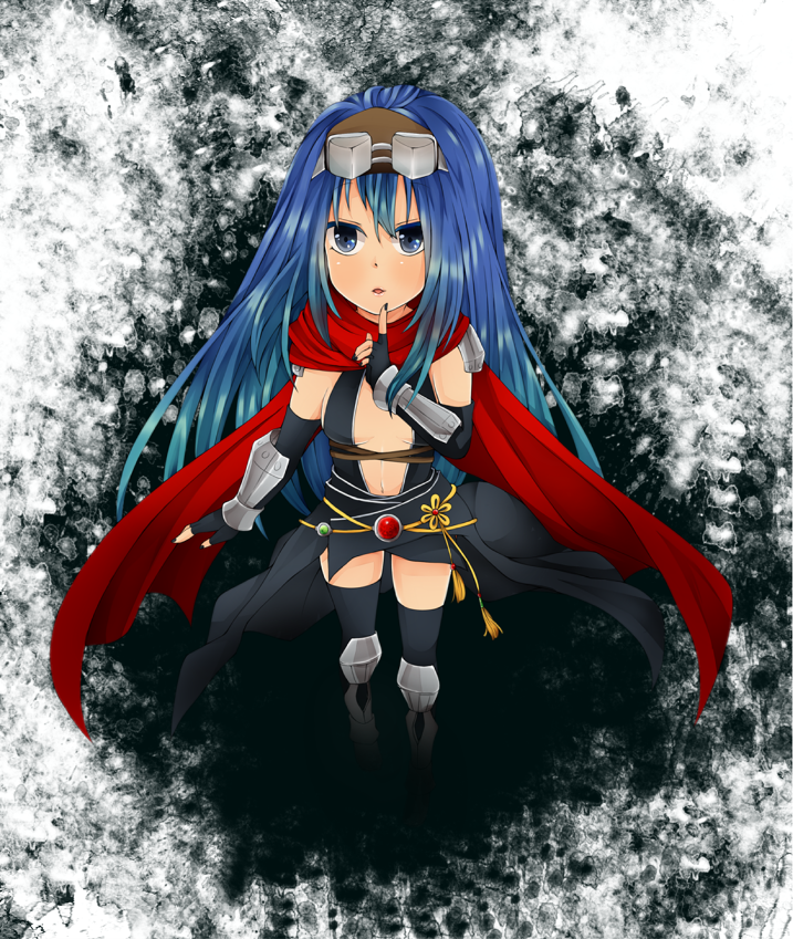 1girl armor assassin_cross_(ragnarok_online) black_gloves black_leotard black_nails black_thighhighs blue_eyes blue_hair blush breasts commentary_request cowboy_shot darkness elbow_gloves fingerless_gloves fingernails gloves goggles index_finger_raised leotard long_hair looking_at_viewer medium_breasts meiko_(nattu303) open_mouth pauldrons ragnarok_online red_scarf revealing_clothes scarf shoulder_armor solo thighhighs vambraces very_long_hair white_background