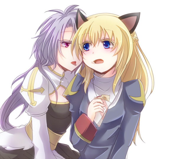 2girls animal_ears arch_bishop_(ragnarok_online) black_dress blonde_hair blue_eyes braid breasts cat_ears cat_girl cleavage cleavage_cutout clothing_cutout commentary_request crepe cross dress food grey_dress half_up_braid holding holding_crepe holding_food juliet_sleeves long_hair long_sleeves looking_at_another looking_to_the_side medium_breasts multiple_girls open_mouth pink_eyes priest_(ragnarok_online) puffy_sleeves purple_hair ragnarok_online sash simple_background solo two-tone_dress upper_body white_background white_dress yamai._(alpinum) yellow_sash yuri