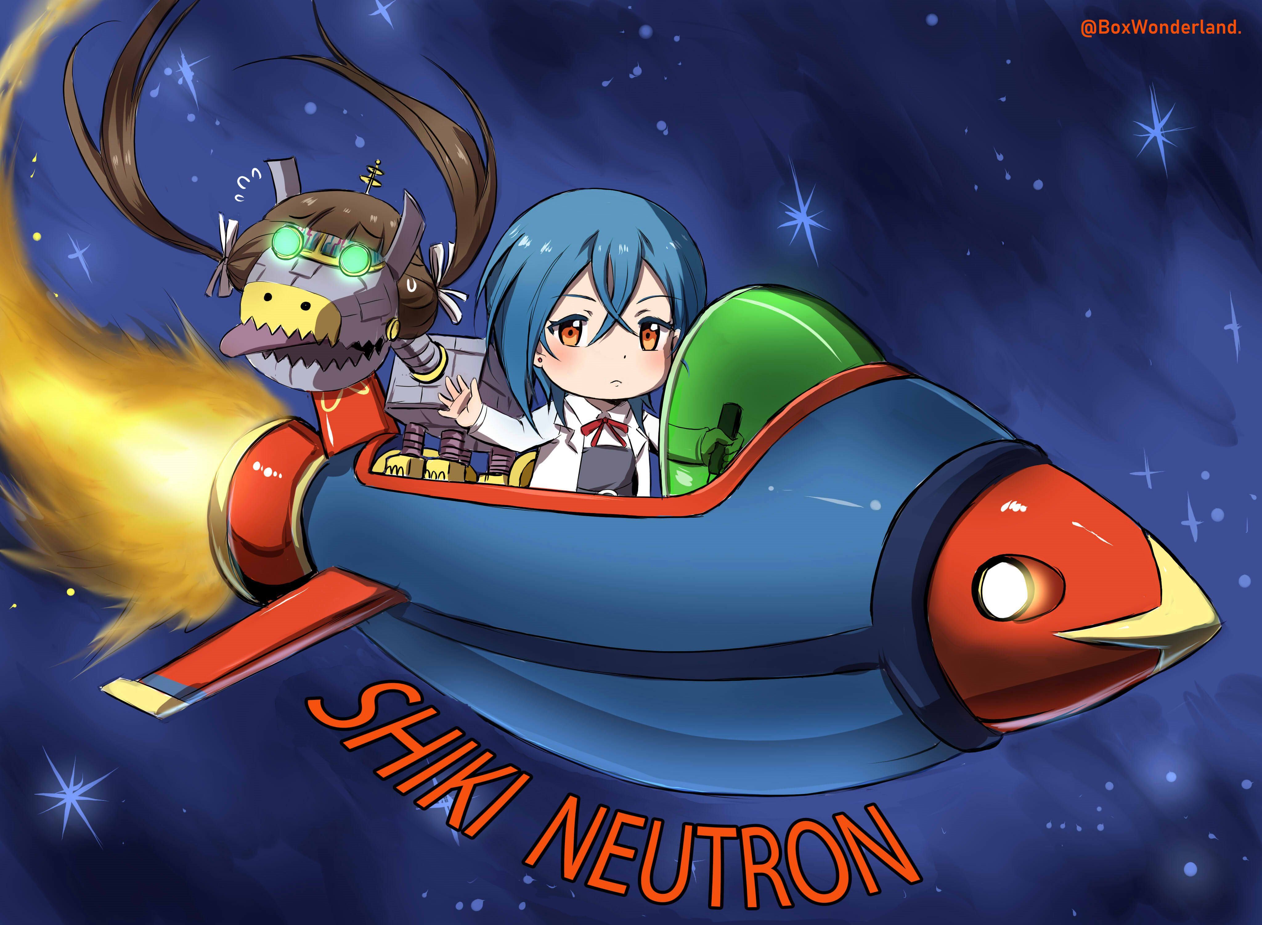 1girl absurdres blue_hair box_wonderland chibi expressionless highres jimmy_neutron_(series) lab_coat looking_at_viewer love_live! love_live!_superstar!! non-humanoid_robot orange_eyes robot robot_animal robot_dog rocket sakurakoji_kinako school_uniform short_hair space wakana_shiki waving yuigaoka_school_uniform