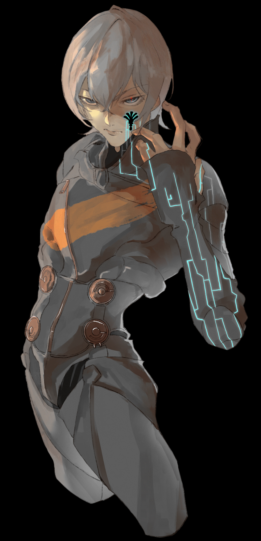 1boy arm_up black_background closed_mouth commentary_request digital_devil_saga grey_hair grey_jacket grey_pants hair_between_eyes highres jacket male_focus pants serph short_hair simple_background solo standing zero85727146