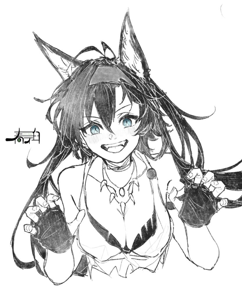 1girl animal_ear_fluff animal_ears arknights bare_shoulders blaze_(arknights) blue_eyes breasts cat_ears cleavage fingerless_gloves gloves hair_between_eyes hairband hands_up harukan_tiusu heart long_hair medium_breasts monochrome shirt simple_background sleeveless sleeveless_shirt solo spoken_heart very_long_hair white_background
