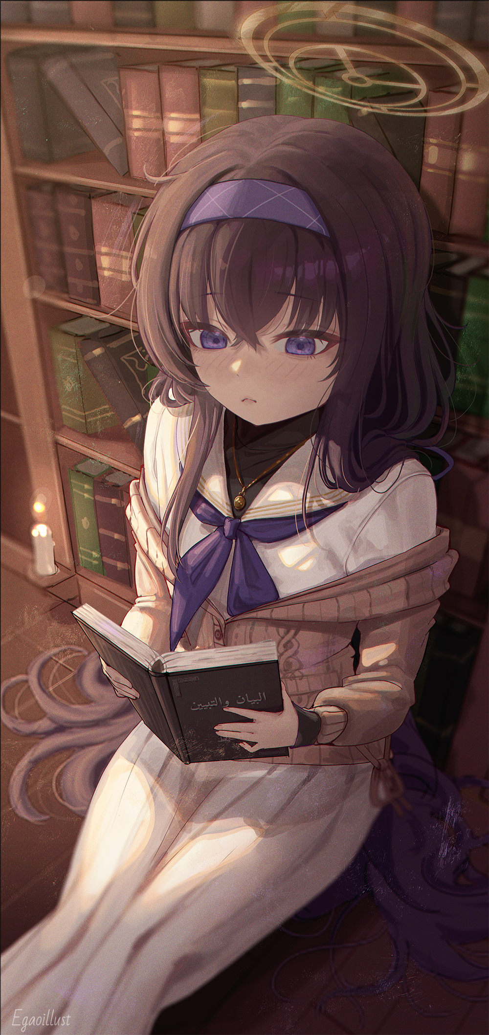 1girl black_hair black_shirt blue_archive blue_neckerchief blush book bookshelf brown_cardigan cardigan closed_mouth crossed_bangs gold_necklace hair_between_eyes hairband highres holding holding_book jewelry library long_hair neckerchief necklace on_floor purple_eyes purple_hairband reading samlooop shirt sidelocks sitting skirt solo striped_clothes striped_skirt ui_(blue_archive) vertical-striped_clothes vertical-striped_skirt white_shirt white_skirt