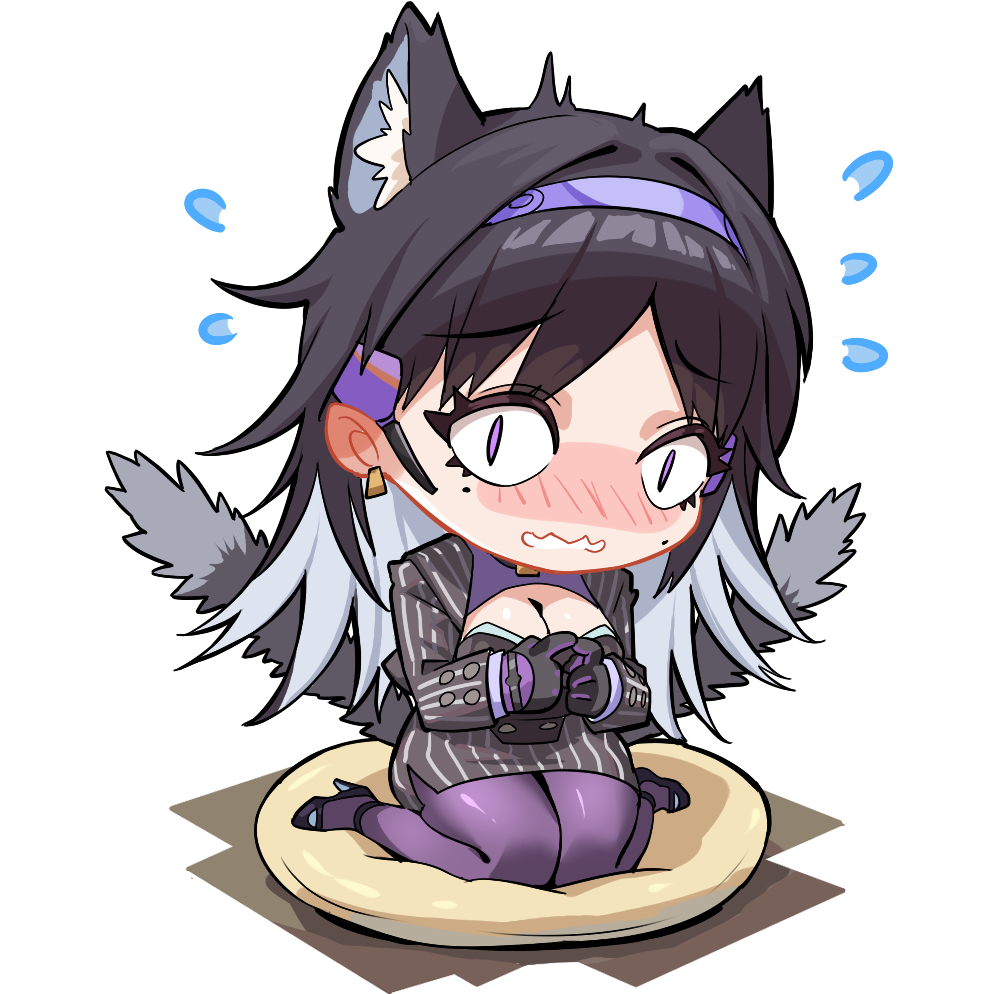 &lt;|&gt;_&lt;|&gt; 1girl animal_ears artist_request black_hair blush cat_ears cat_girl cat_tail chibi chibi_only chinese_commentary cushion dress fang flying_sweatdrops girls&#039;_frontline girls&#039;_frontline_neural_cloud hair_intakes headset inola_(neural_cloud) mole mole_under_eye official_art pinstripe_dress pinstripe_pattern purple_bodystocking purple_eyes second-party_source skin_fang solo tail tongue tongue_out wavy_mouth wide-eyed