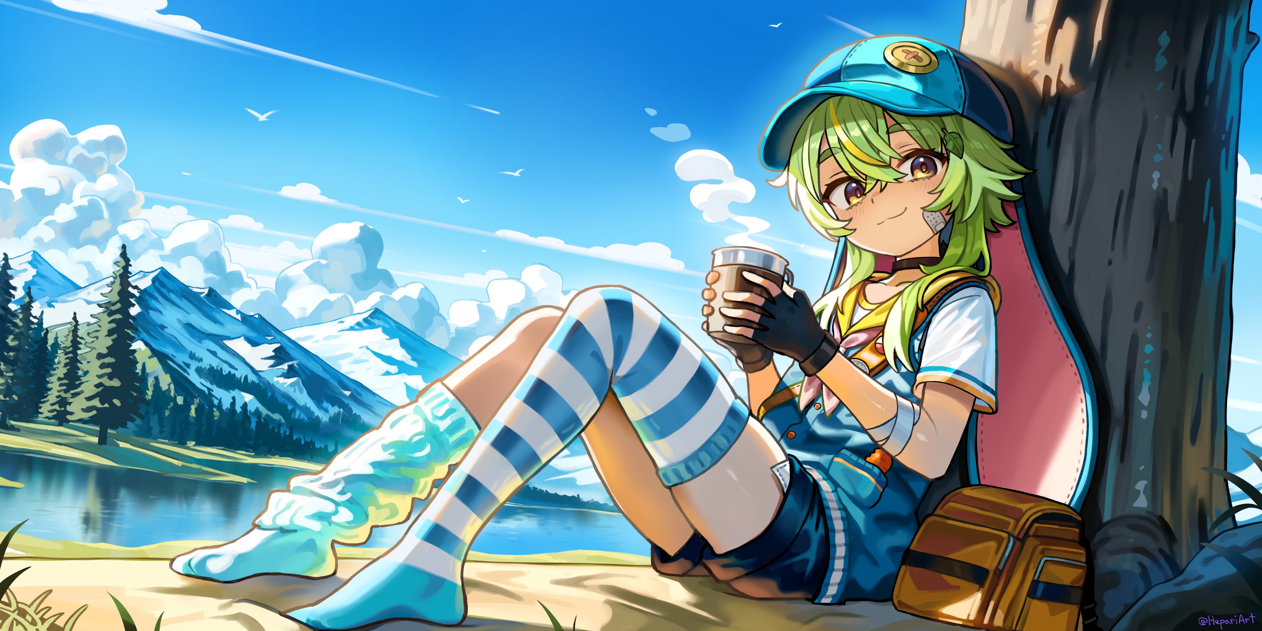 1girl absurdres against_tree animal_ear_headwear animal_ears artist_name asymmetrical_legwear bag bandaged_arm bandages bandaid bandaid_on_cheek bandaid_on_face bandaid_on_thigh black_choker black_gloves black_shorts blonde_hair bloom blue_hat blue_leg_warmers blue_sky blue_sweater_vest blue_thighhighs brown_bag choker closed_mouth cloud colored_lineart commission crossed_bangs cumulonimbus_cloud cup day double-parted_bangs drink droopy_ears fake_animal_ears fingerless_gloves flat_chest flipped_hair full_body gloves green_hair hair_between_eyes hair_ornament hands_up happy hat hepari highres holding holding_cup indie_virtual_youtuber lake leaf_hair_ornament leg_warmers light_smile looking_at_viewer lop_rabbit_ears mismatched_legwear mountainous_horizon mug multicolored_hair neckerchief no_shoes outdoors petite pine_tree pink_neckerchief pocket rabbit_ears scout_uniform second-party_source shirt short_hair_with_long_locks short_shorts short_sleeves shorts signature simple_bird single_leg_warmer single_thighhigh sitting sky solo split_mouth steam streaked_hair striped_clothes striped_thighhighs sweater_vest thighhighs tree two-handed two-tone_thighhighs unworn_bag white_shirt white_thighhighs yellow_collar yellow_eyes