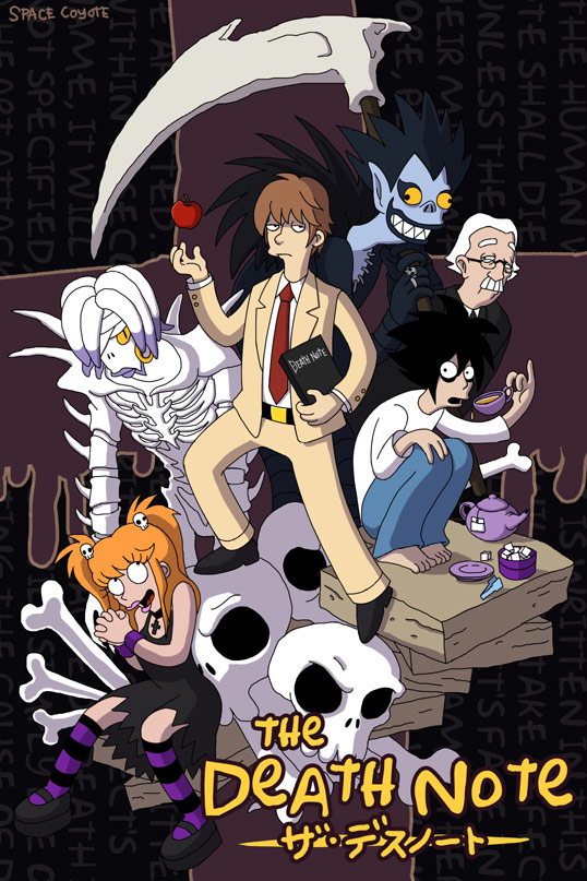 1girl 5boys amane_misa apple bags_under_eyes bare_arms barefoot black_dress black_footwear blue_pants bone brown_hair collared_shirt colored_sclera copyright_name cup death_note death_note_(object) dress english_text facial_hair facing_viewer food fruit full_body futurama glasses goth_fashion hair_ornament l_(death_note) long_hair looking_at_another looking_at_viewer matt_groening_(style) multiple_boys mustache necktie nina_matsumoto old old_man orange_hair pants parody pinky_out pointy_ears red_necktie rem ryuk saucer scythe sharp_teeth shinigami shirt short_dress short_hair skull skull_hair_ornament sleeveless sleeveless_dress slit_pupils squatting striped_clothes striped_thighhighs style_parody sugar_cube teacup teapot teeth the_simpsons thighhighs toon_(style) two_side_up watari white_facial_hair white_hair white_mustache white_shirt yagami_light yellow_sclera