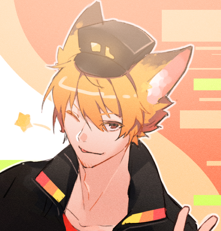 1boy abstract_background animal_ears beard_stubble black_hat black_jacket brown_eyes commentary damelives dream_smp facial_hair fox_boy fox_ears fundy_(youtuber) hat humanization jacket male_focus minecraft_youtube one_eye_closed orange_hair short_hair solo star_(symbol) stubble tongue tongue_out v