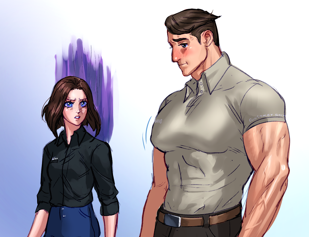 1boy 1girl artist_name bara belt black_hair black_shirt blue_eyes blue_pants blush brown_belt brown_pants carless_(ppanic) closed_mouth collared_shirt grey_shirt large_pectorals looking_at_another muscular muscular_male pants pectorals samsung samsung_sam shirt short_hair