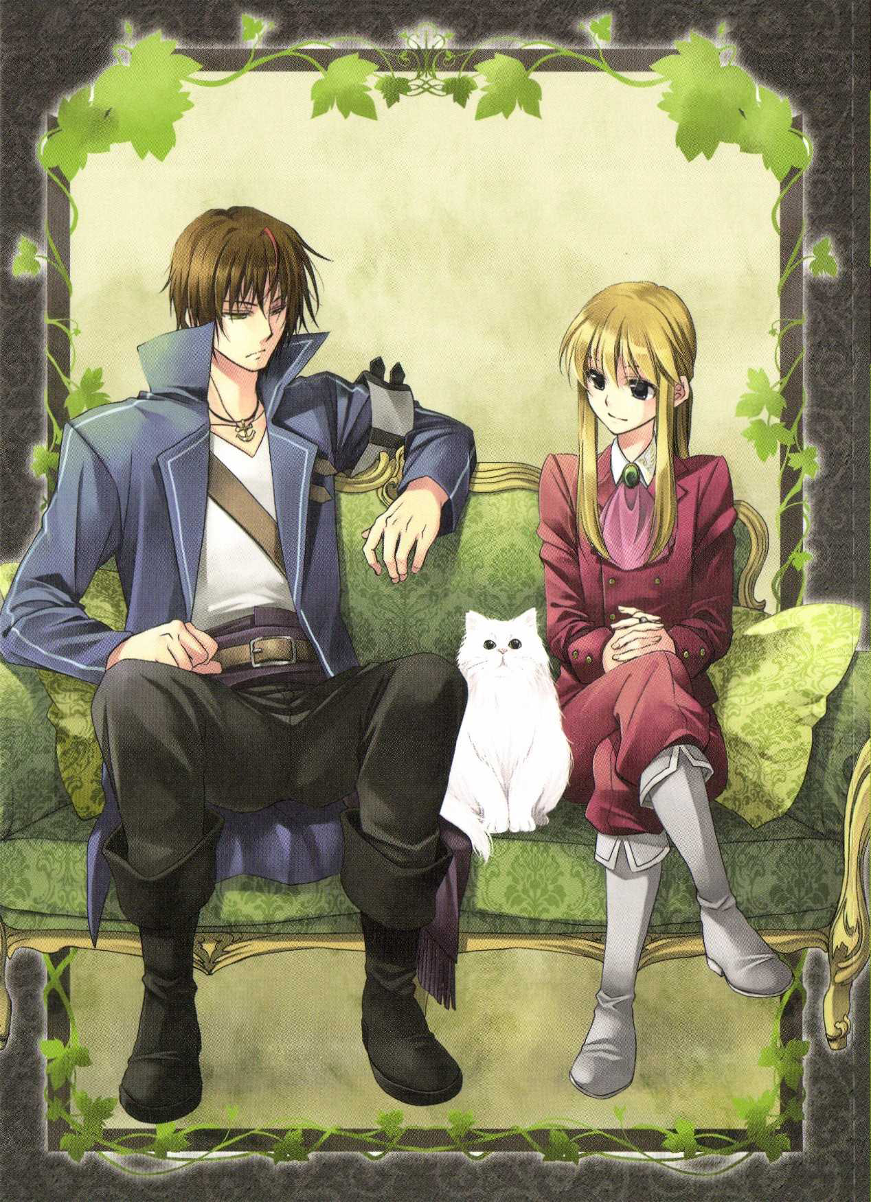 07th_expansion 2boys anchor armband ascot belt black_footwear blonde_hair boots brown_hair cat coat couch diana_(umineko) green_upholstery grey_eyes highres jewelry leaf crossed_legs mizuno_eita multicolored_hair multiple_boys necklace no_naku_koro_ni_(series) official_art own_hands_clasped own_hands_together ponytail requiem_of_the_golden_witch scan sitting smile streaked_hair two-tone_hair umineko_no_naku_koro_ni ushiromiya_lion white_footwear willard_h._wright yellow_eyes