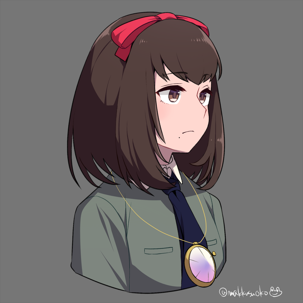 1girl brown_eyes brown_hair closed_mouth do_m_kaeru hair_ribbon jewelry mole mole_under_mouth necklace necktie persona persona_1 ribbon school_uniform short_hair simple_background skirt solo sonomura_maki st._hermelin_school_uniform twitter_username