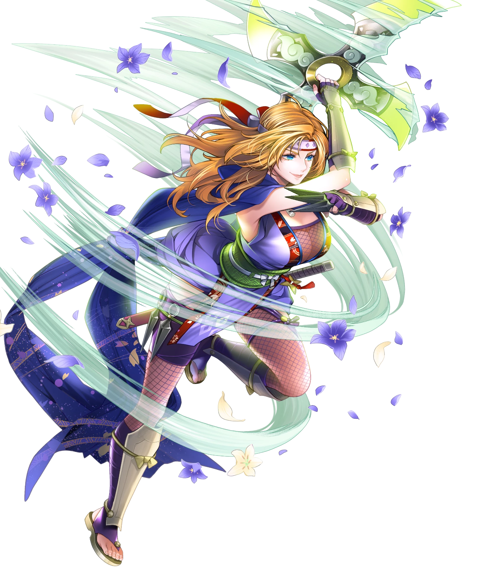 1girl arm_guards attack blonde_hair blue_eyes blue_scarf bodystocking breasts cleavage fire_emblem fire_emblem:_radiant_dawn fire_emblem_heroes fishnet_bodystocking fishnets fuuma_shuriken heather_(fire_emblem) heather_(ninja)_(fire_emblem) highres holding holding_shuriken holding_weapon japanese_clothes large_breasts long_hair lunge ninja nintendo non-web_source official_alternate_costume official_art pelvic_curtain sandals scarf shin_guards shuriken smile solo weapon wind zouri