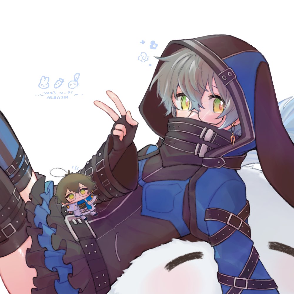 1boy animal_hood black_gloves blue_hair blue_skirt character_doll cosplay crossdressing effole_(fairy_fencer_f) effole_(fairy_fencer_f)_(cosplay) fairy_fencer_f fingerless_gloves glasses gloves gradient_hair green_eyes high_collar hood hood_up ike_eveland layered_skirt looking_at_viewer male_focus meat_(1229) microskirt multicolored_hair nijisanji nijisanji_en quilldren_(ike_eveland) rabbit_hood simple_background skirt solo striped_clothes thighhighs tiered_skirt trap v vertical-striped_clothes virtual_youtuber white_background wide_sleeves yellow_eyes zettai_ryouiki