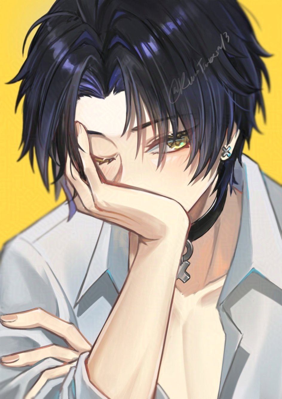 1boy asaba_harumasa black_choker black_hair blush choker covering_own_mouth earrings hair_between_eyes hand_over_own_mouth highres jewelry kuro_tsubasa male_focus one_eye_closed open_clothes open_shirt shirt short_hair solo white_shirt yellow_background yellow_eyes zenless_zone_zero