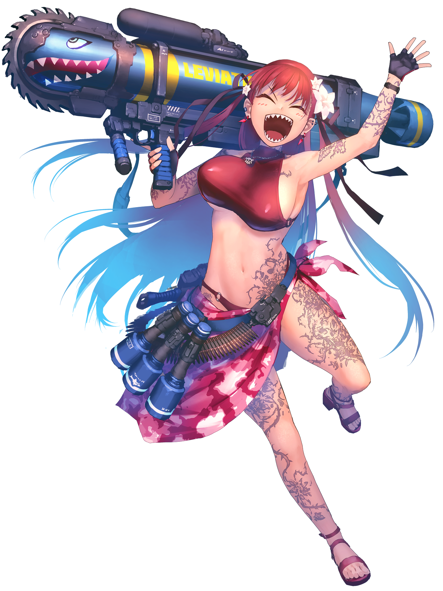 1girl arm_tattoo bandolier belt bikini blush_stickers breasts chain_paradox circular_saw closed_eyes commission earrings fingerless_gloves flower full_body gloves hair_flower hair_ornament hair_ribbon hetza_(hellshock) highres jewelry large_breasts leg_tattoo long_hair navel necklace nose_art open_mouth piercing red_bikini red_hair ribbon rocket_launcher sandals saw shark_nose_art sharp_teeth smile solo stick_grenade swimsuit tattoo teeth torpedo transparent_background very_long_hair waving weapon white_flower