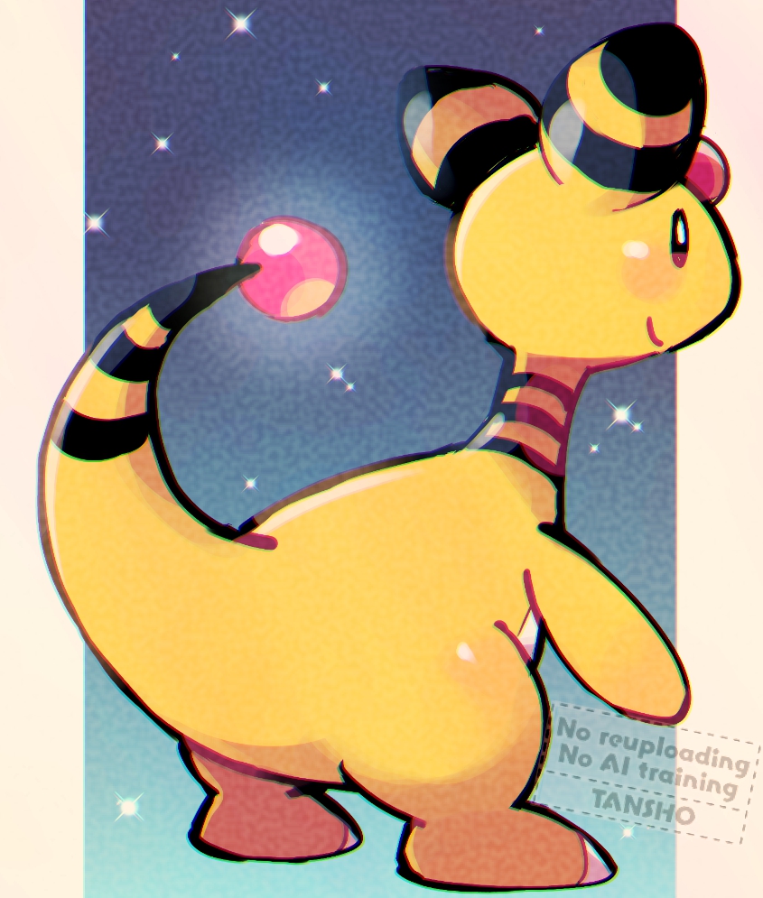 ampharos artist_name blush closed_mouth commentary_request from_behind full_body gen_2_pokemon glowing_tail nintendo pokemon pokemon_(creature) pokemon_focus smile solo standing star_(sky) tansho