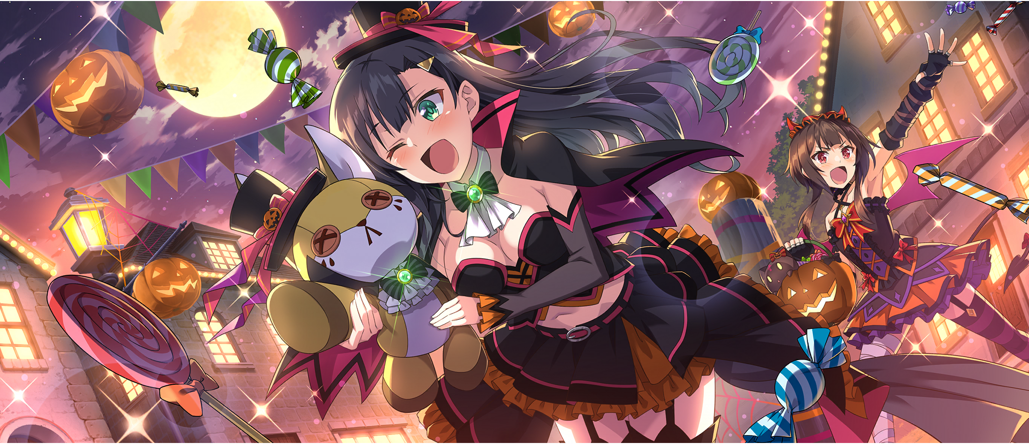 2girls ;d armpit_crease armpits ascot bandaged_leg bandages black_bow black_bowtie black_bustier black_cape black_cat black_dress black_gloves black_hair black_hat black_skirt black_sleeves black_thighhighs bow bowtie breasts brown_hair bucket building bustier button_eyes buttons candy cape cat chomusuke cleavage cloud cloudy_sky collar collarbone demon_horns demon_tail demon_wings detached_collar detached_sleeves diagonal_bangs dress dress_bow fake_horns fake_tail fake_wings fingerless_gloves food from_below full_moon game_cg garter_straps gloves green_brooch green_eyes hair_ornament hairclip halloween halloween_bucket halloween_costume halter_dress halterneck happy hat highres holding holding_bucket holding_stuffed_toy horned_headwear horns jack-o'-lantern jack-o'-lantern_hat_ornament kono_subarashii_sekai_ni_shukufuku_wo! konosuba!_fantastic_days layered_skirt lia_(konosuba) light_blush lollipop long_hair looking_at_object medium_breasts megumin midriff mini_hat mini_top_hat miniskirt moon multicolored_dress multiple_girls navel night official_alternate_costume official_art one_eye_closed open_mouth orange_skirt outdoors outstretched_arm parted_bangs pink_cape purple_thighhighs red_bow red_eyes red_horns red_wings road shade short_hair short_hair_with_long_locks single_garter_strap single_thighhigh skirt skirt_under_dress sky small_breasts smile street striped_clothes striped_thighhighs stuffed_animal stuffed_fox stuffed_toy swirl_lollipop tail thighhighs top_hat two-sided_cape two-sided_fabric two-tone_skirt two-tone_thighhighs v-shaped_eyebrows white_ascot white_collar wings yellow_moon zettai_ryouiki