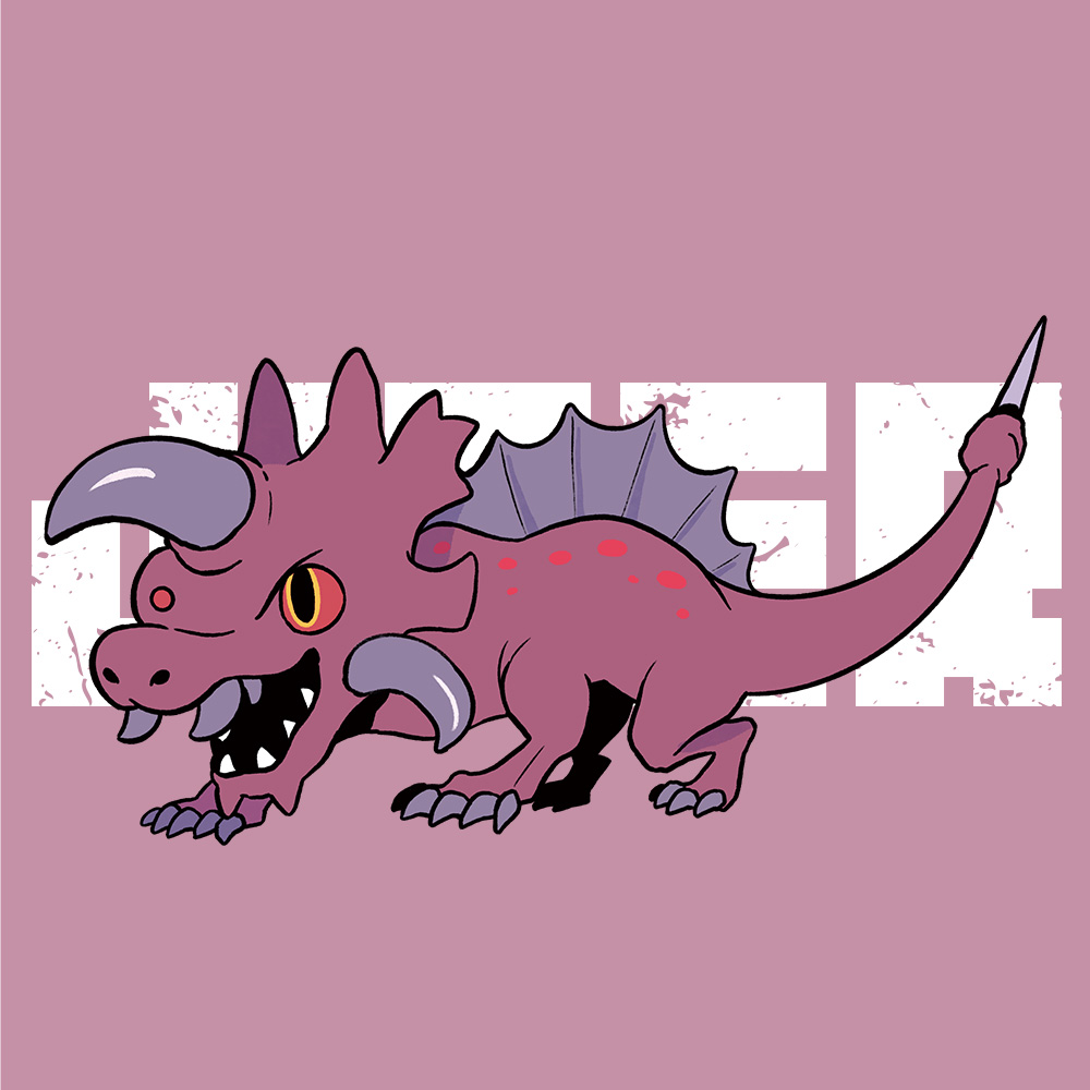 all_fours character_name chibi claws colored_sclera crest engi_(animation_studio) fins gamera_(series) gamera_-rebirth- giant giant_monster jiger kadokawa kaiju monster no_humans official_art open_mouth penguin_box pink_background promotional_art red_eyes red_sclera sharp_teeth simple_background slit_pupils smile stinger tail teeth tusks yellow_eyes