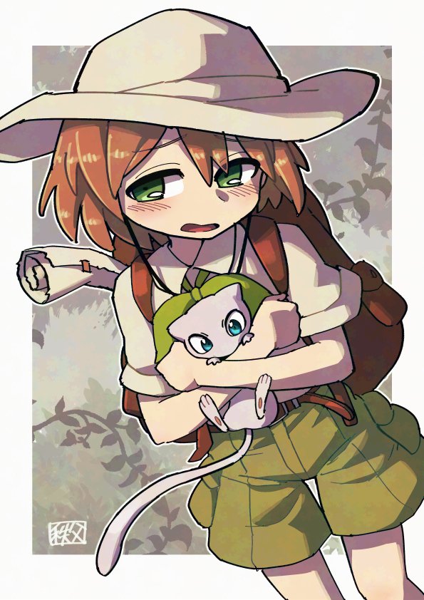 1boy backpack bag belt blush border brown_bag brown_belt brown_hair budding_expeditioner_(pokemon) chichibu_(watson) collared_shirt commentary_request gen_1_pokemon green_eyes green_shorts hat holding holding_pokemon legendary_pokemon male_focus mew_(pokemon) mythical_pokemon nintendo open_mouth outside_border pokemon pokemon_(creature) pokemon_tcg pokemon_tcg_pocket scroll shirt short_hair short_sleeves shorts signature white_border