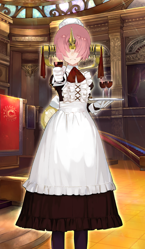1girl apron black_pantyhose bow bowtie breasts brown_dress chaldea_logo clenched_hand commentary cross-laced_apron cup dress drink drinking_glass fate/grand_order fate_(series) feet_out_of_frame frankenstein&#039;s_monster_(fate) frankenstein&#039;s_monster_(formal_dress)_(fate) frilled_apron frills frown gloves gold_horns hair_over_eyes hat holding holding_cup holding_tray horns indoors juliet_sleeves light_rays long_sleeves looking_at_viewer medium_dress official_art okazaki_takeshi pantyhose pink_hair puffy_sleeves red_bow red_bowtie serious short_hair single_horn small_breasts solo stained_glass standing third-party_source tray white_apron white_gloves white_hat white_wrist_cuffs wrist_cuffs
