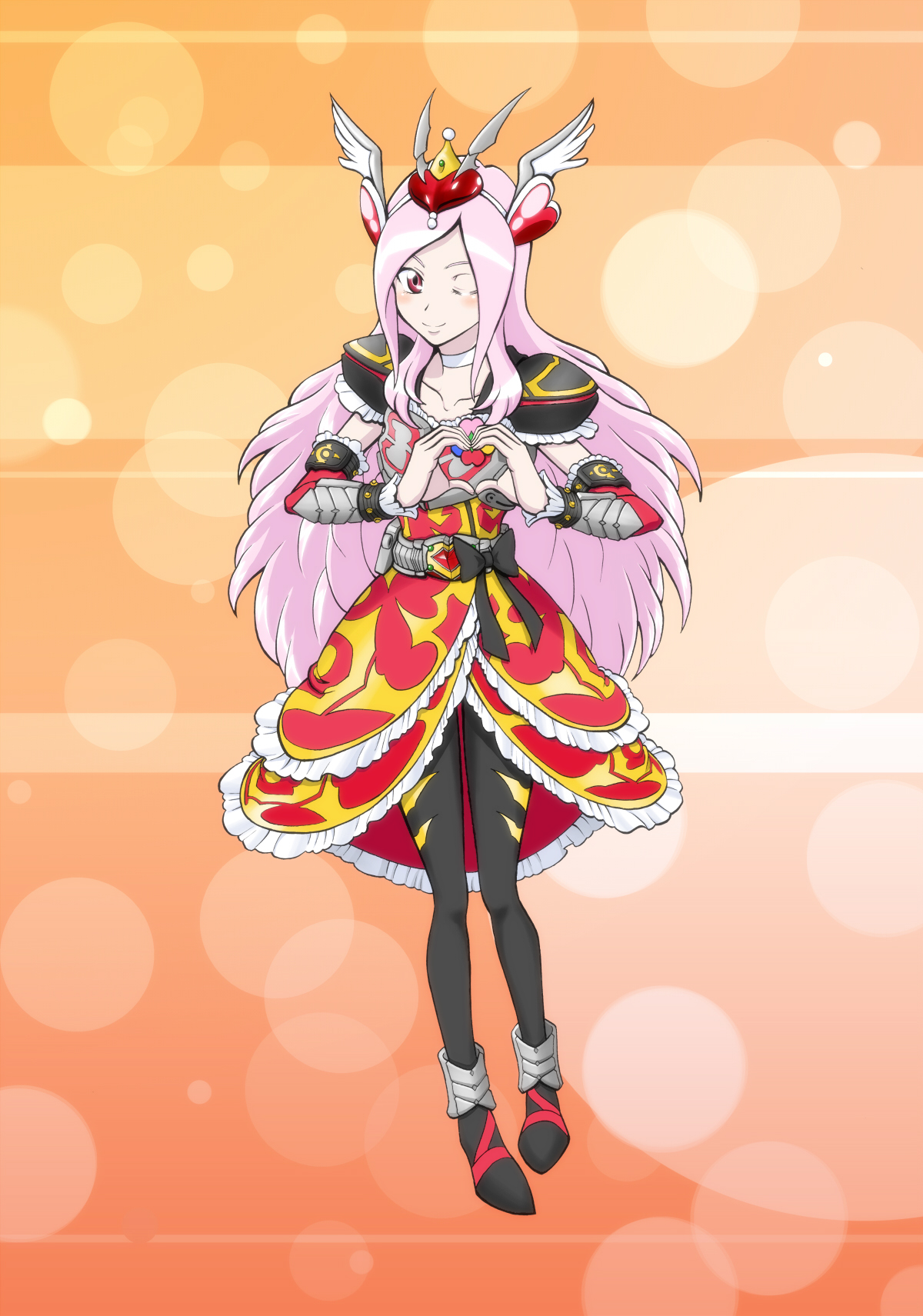 1girl belt bow choker cure_passion female_focus fresh_precure! hair_ornament heart heart_hair_ornament heart_hands higashi_setsuna highres kamen_rider kamen_rider_blade_(series) kamen_rider_chalice kijichuu_masahiro kijinaka_mahiro long_hair magical_girl pantyhose parody pink_hair precure red_eyes rider-tan solo waist_bow white_choker