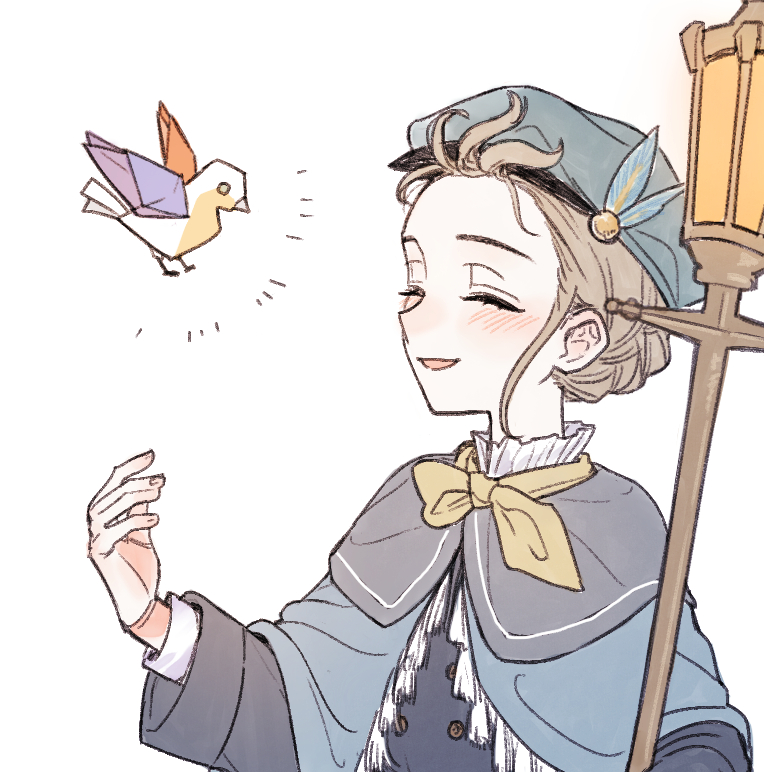 1girl ^_^ blue_cloak blue_hat blue_jacket brown_hair cloak closed_eyes facing_object hand_up hat holding_lamp ioi_33333 jacket lamplighter_(reverse:1999) lamppost open_mouth origami paper_crane reverse:1999 short_hair smile solo upper_body white_background
