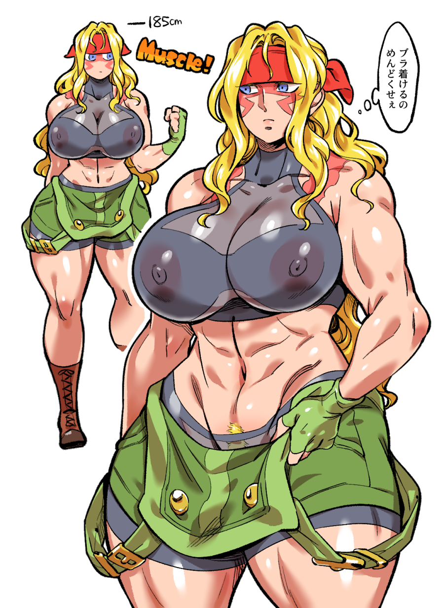 alex_(street_fighter) bandana bare_shoulders doboshiru facial_tattoo fingerless_gloves genderswap genderswap_(mtf) gloves green_eyes groin highres long_hair muscular muscular_female navel nipples overalls_removed street_fighter tank_top tattoo wavy_hair