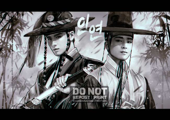 2boys bamboo bamboo_forest closed_mouth forest gehenna1986 greyscale hat holding holding_sword holding_weapon looking_at_viewer male_focus mingyu mole monochrome multiple_boys nature real_life realistic seventeen_(group) sword twitter_username upper_body weapon wonwoo