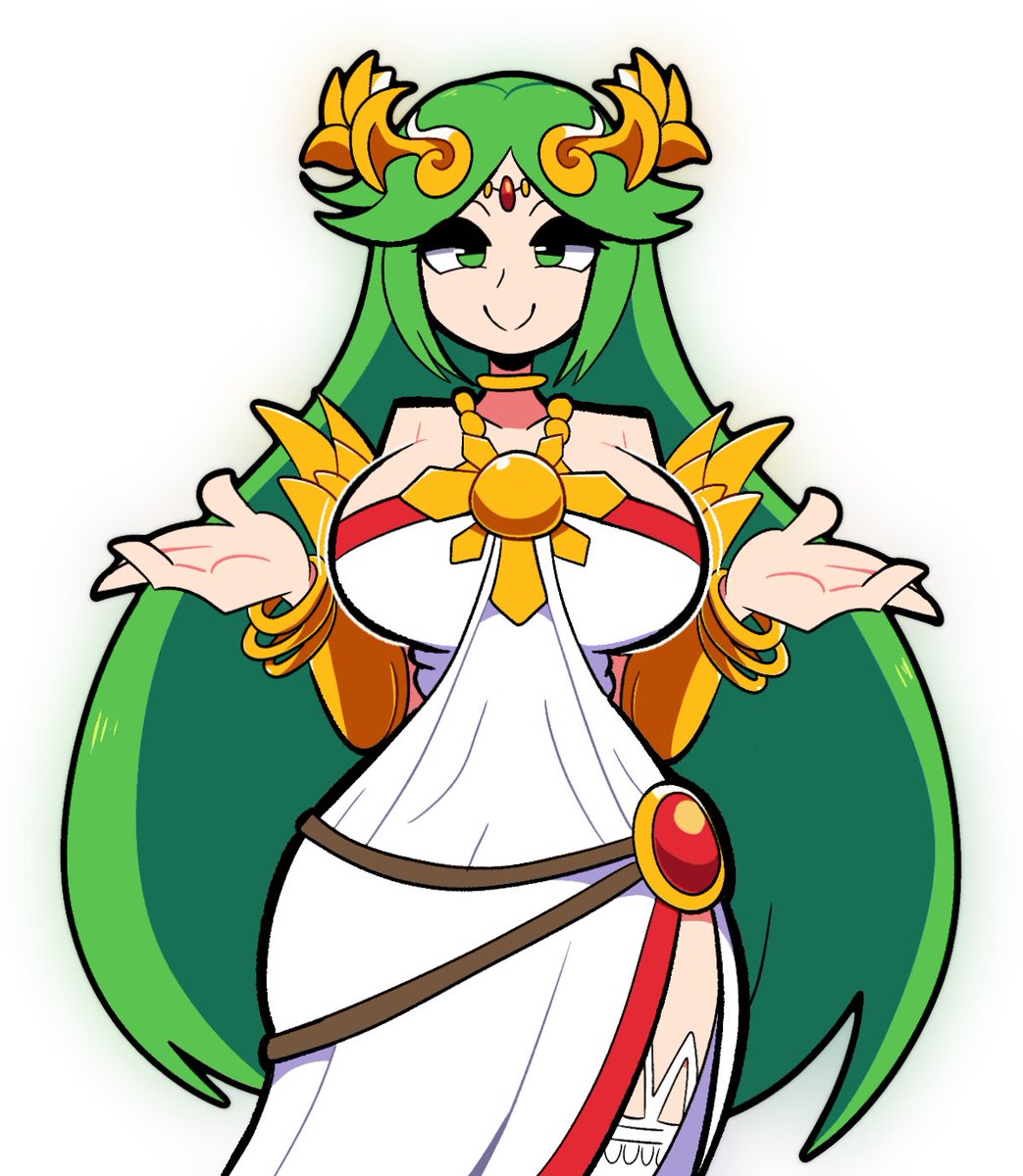 1girl ancient_greek_clothes armlet bare_shoulders bouncing_breasts breasts chain chiton circlet collarbone commentary diadem english_commentary forehead_jewel gold_chain greco-roman_clothes green_eyes green_hair half-closed_eyes highres jewelry kid_icarus kid_icarus_uprising large_breasts long_hair neck_ring nintendo palutena parted_bangs scott_falco single_thighhigh smile solo thighhighs vambraces very_long_hair