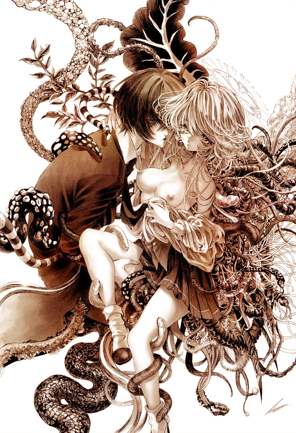 1boy 1girl asymmetrical_wings aya_carmine breasts cigarette clothes_pull collarbone collared_shirt hair_between_eyes halo hand_on_another&#039;s_neck hand_on_another&#039;s_thigh highres hitomi_hirosuke_(sayonara_wo_oshiete) jacket leaf leaf_wings long_hair millipen_(medium) mismatched_wings monochrome mouth_hold necktie nipples parted_lips pen_(medium) pleated_skirt sayonara_wo_oshiete shirt shirt_partially_removed shirt_pull shoes short_hair skirt smoking snake socks suction_cups sugamo_mutsuki tendril tentacles traditional_media uwabaki very_long_hair wings