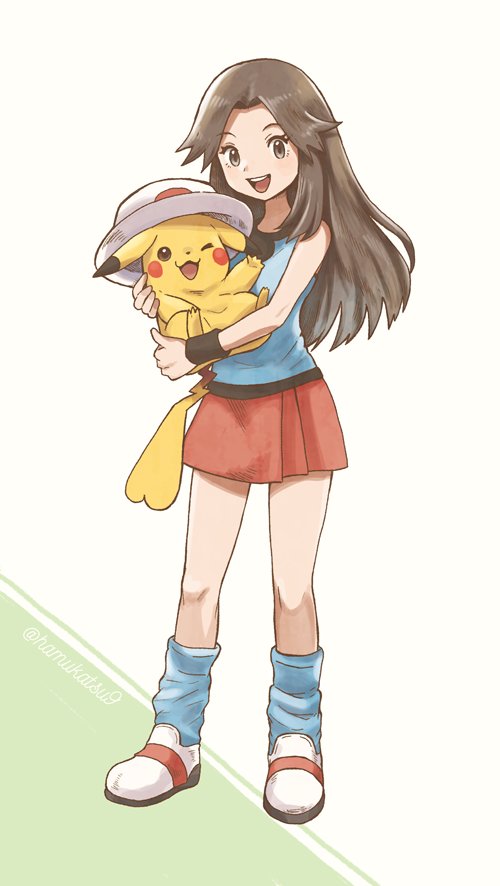brown_eyes brown_hair commentary gen_1_pokemon hat leaf_(pokemon) long_hair looking_at_viewer ma-hain-scarlet nintendo open_mouth pikachu pokemon pokemon_(creature) pokemon_frlg simple_background skirt smile white_background wristband