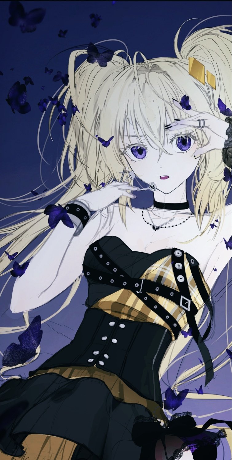 1girl black_choker black_dress black_nails blonde_hair bug butterfly choker dress gradient_background hair_between_eyes hashtag-only_commentary highres hoshina_utau insect jewelry microphone morn_haru necklace purple_eyes ring shugo_chara! solo strapless strapless_dress twintails upper_body