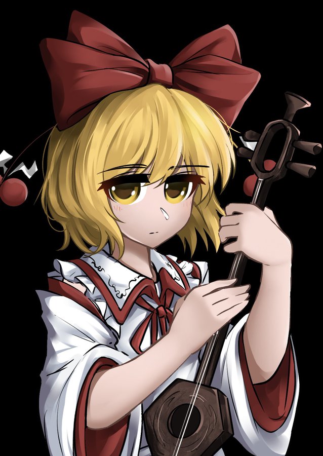 1girl black_background bow closed_mouth erhu hair_bow looking_at_viewer protected_link red_bow satsuki_rin simple_background solo statisticstater touhou upper_body wide_sleeves yellow_eyes