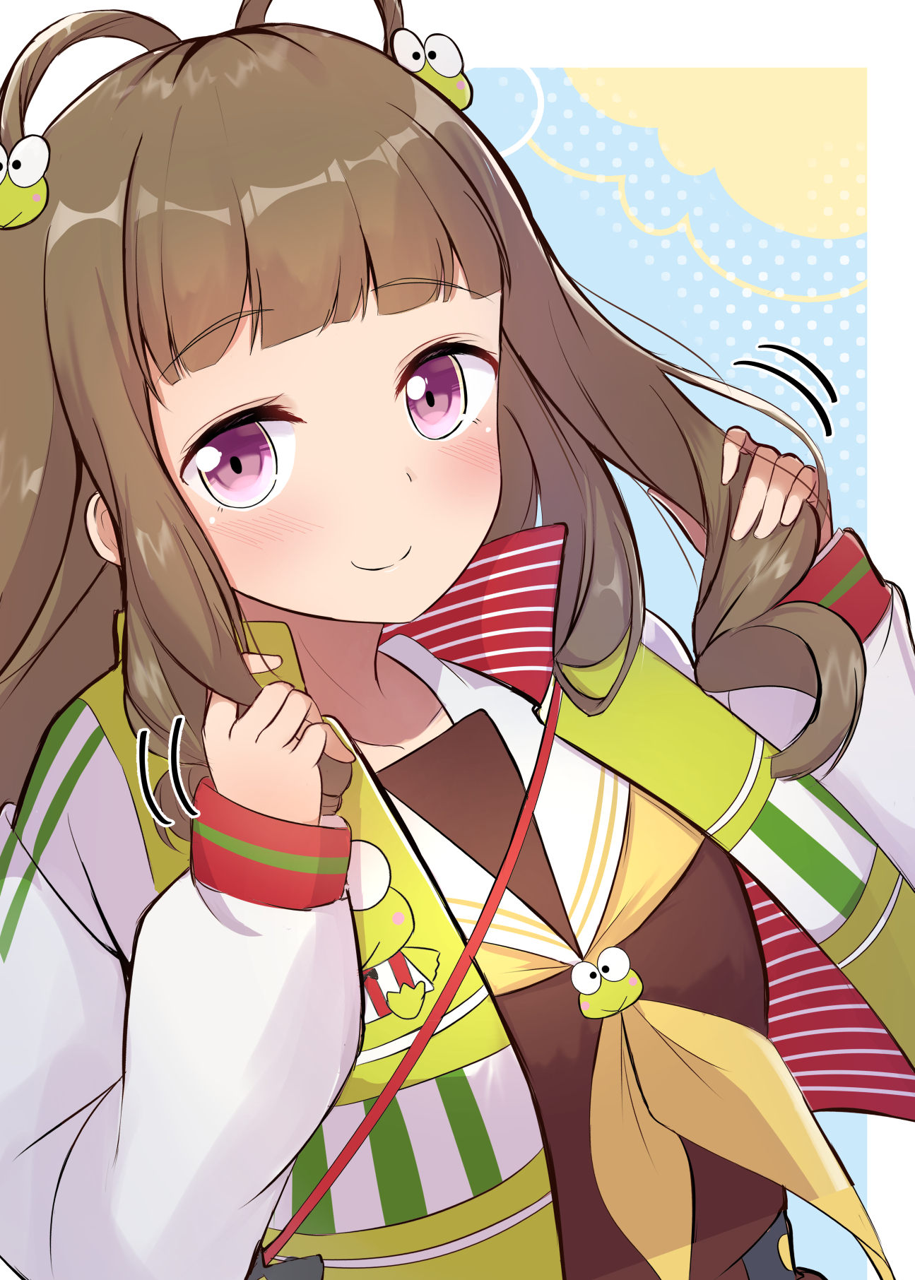 1girl blue_background blush border breasts brown_hair character_hair_ornament character_print closed_mouth collarbone commentary_request drill_hair green_jacket hair_ornament hair_rings hasunoue_keroppi highres holding holding_own_hair jacket kachimachi_kosuzu kaudon kero_kero_keroppi link!_like!_love_live! long_hair long_sidelocks long_sleeves looking_at_viewer love_live! medium_breasts official_alternate_costume official_alternate_hairstyle open_clothes open_jacket outside_border pink_eyes puffy_long_sleeves puffy_sleeves sanrio side_drill sidelocks sleeves_past_wrists smile solo split_mouth upper_body virtual_youtuber white_border white_sleeves