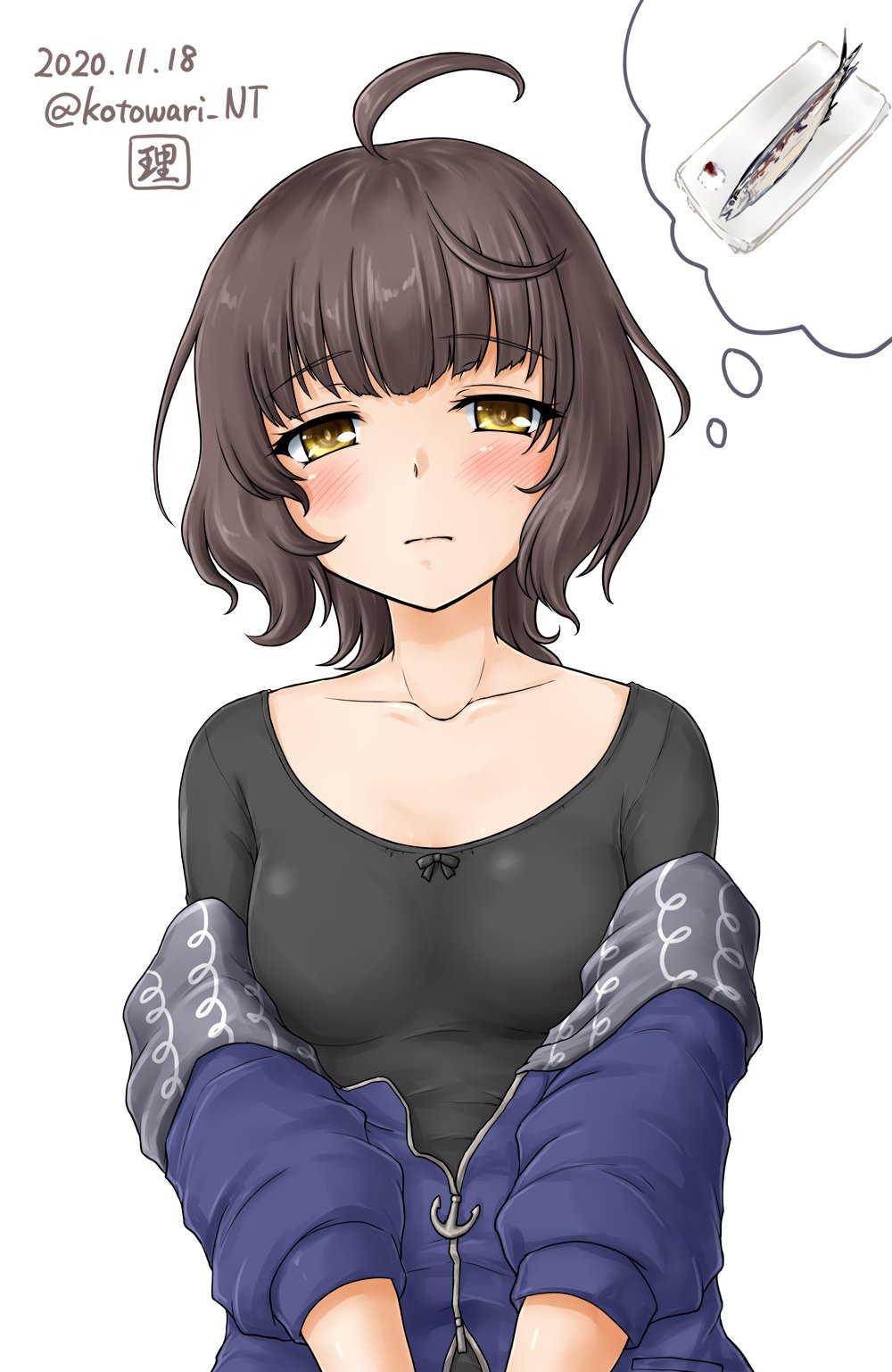 1girl ahoge artist_logo black_hair black_shirt blue_jacket blunt_bangs commentary_request fish highres jacket kantai_collection kishinami_(kancolle) kotowari_(newtype_kenkyuujo) logo looking_at_viewer one-hour_drawing_challenge open_clothes open_jacket plate saury shirt short_hair simple_background solo upper_body wavy_hair white_background yellow_eyes