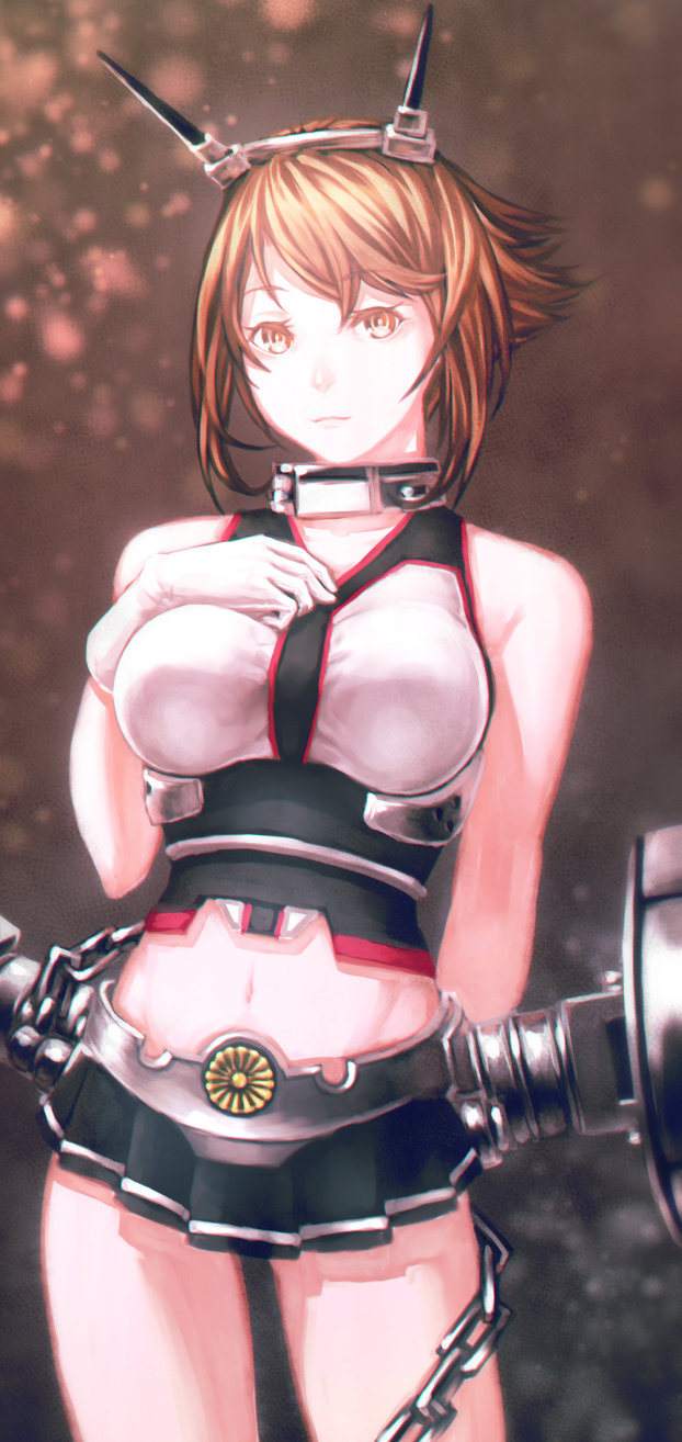 10s 1girl arm_behind_back bad_id bad_pixiv_id breasts brown_eyes brown_hair chain cowboy_shot female_focus gloves hand_on_own_chest headgear highres kantai_collection large_breasts looking_at_viewer machinery mstm mutsu_(kancolle) navel short_hair skirt solo white_gloves
