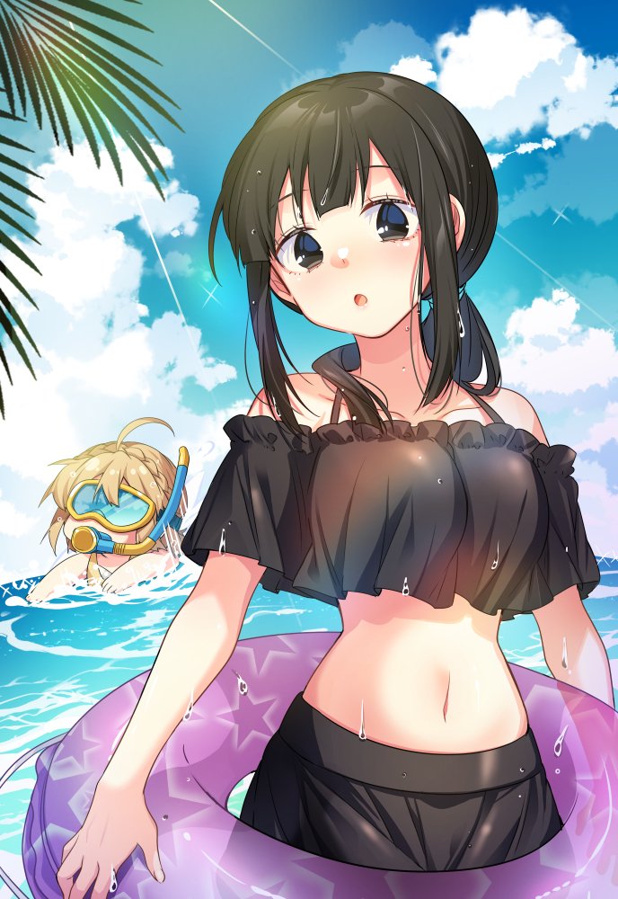 2girls :o ahoge bikini black_bikini black_eyes black_hair blonde_hair blue_sky blush character_request cloud collarbone commentary_request day diving_mask goggles hana_uta_memoire ichinose_kei innertube long_hair looking_at_viewer multiple_girls navel ocean off-shoulder_bikini off_shoulder open_mouth outdoors partially_submerged sasaki_ume short_hair sidelocks sky swim_ring swimsuit wading water wet