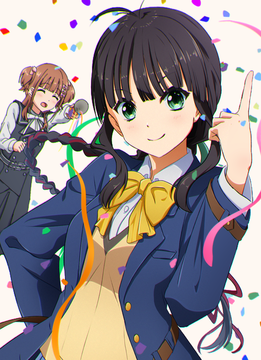 22/7 2girls ^_^ antenna_hair belt black_belt black_dress black_hair blazer blue_jacket bow bowtie braid braided_ponytail brown_hair closed_eyes closed_mouth collared_shirt confetti dress floating_hair green_eyes green_ribbon hair_bow hair_ornament hair_ribbon hand_on_own_hip igashiko index_finger_raised jacket long_hair long_sleeves looking_at_another looking_at_viewer multiple_girls open_clothes open_jacket open_mouth party_popper pink_bow red_ribbon ribbon sera_honoka shirt sidelocks simple_background smile streamers two_side_up vest white_background white_bow white_bowtie white_shirt yagami_toa yellow_bow yellow_bowtie yellow_vest