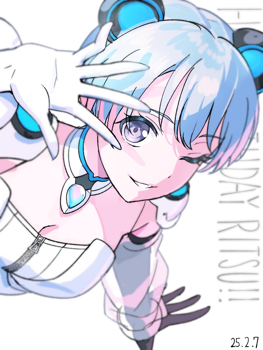 1girl bang_dream! bare_shoulders blue_hair breasts commentary_request gloves grin highres minetsuki_ritsu nobusawa_osamu one_eye_closed smile solo tagme