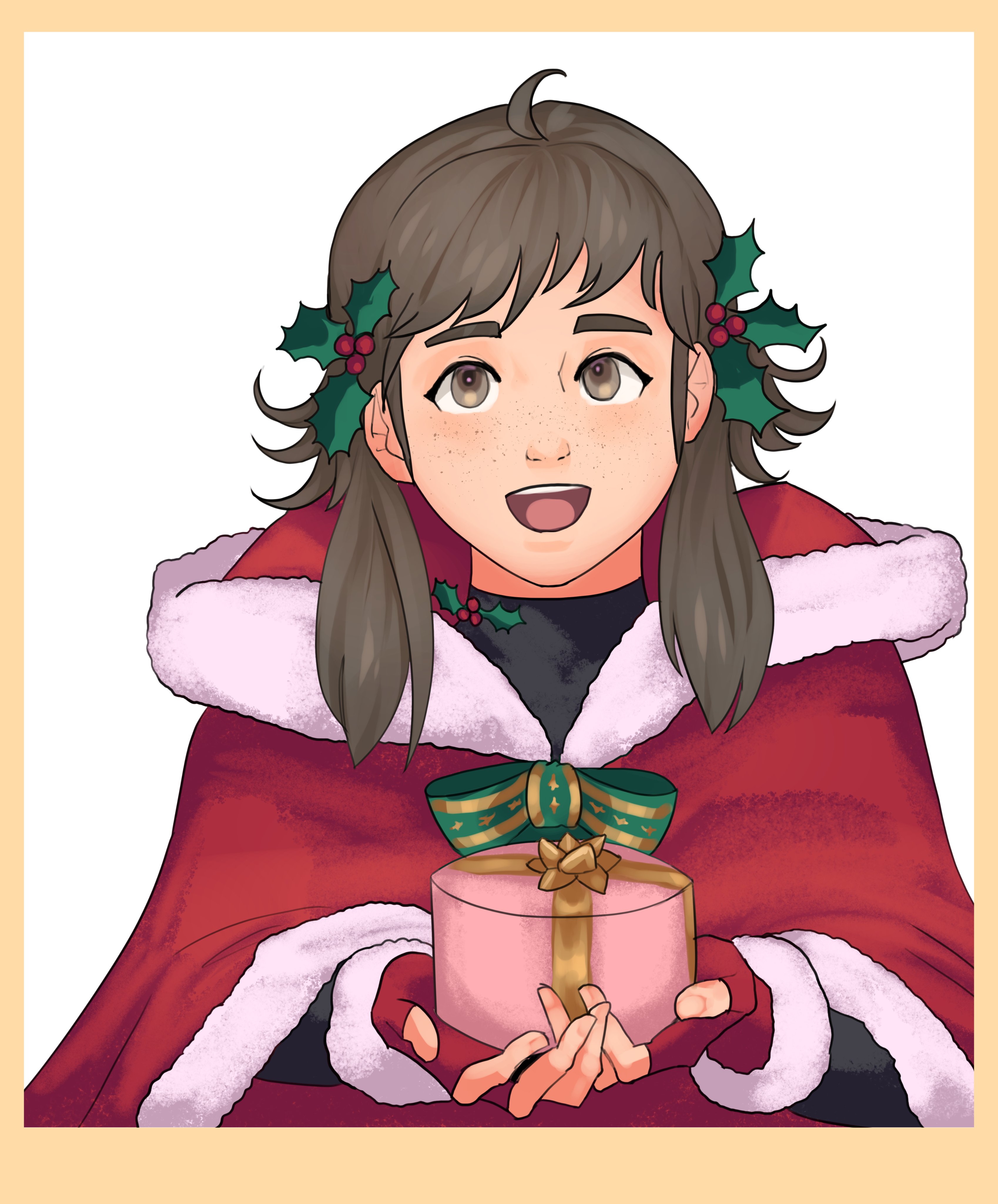1girl absurdres alternate_costume brown_eyes brown_hair christmas commission fire_emblem fire_emblem_fates gift highres holding holding_gift looking_at_viewer mistletoe_hair_ornament mozu_(fire_emblem) nintendo open_mouth quiu_bagan santa_costume sidelocks solo teeth upper_teeth_only